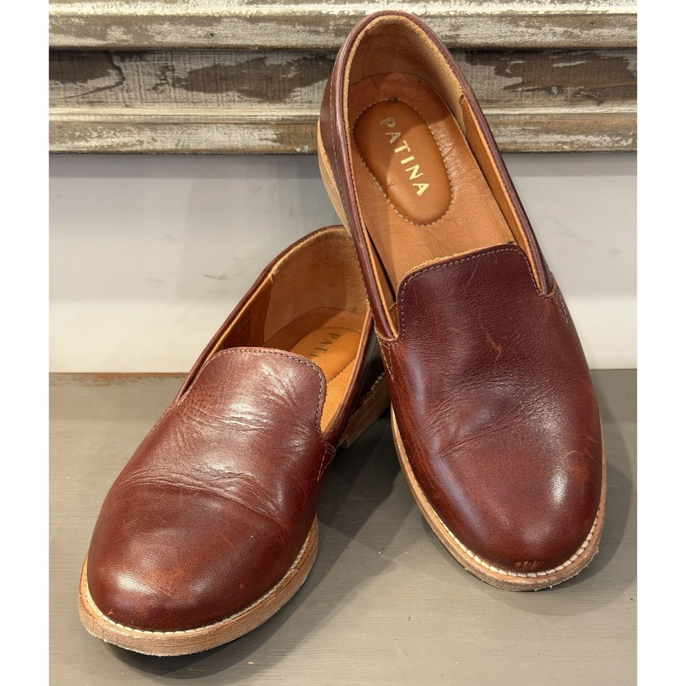 Patina Portland Leather Loafer Womens 7.5 SlipOn Handmade Round Toe Cognac Brown